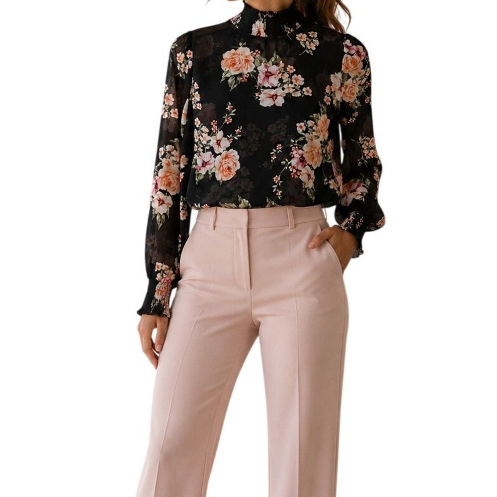 Bar III Floral Blouse Women S Black Smocked Mock Neck Sheer Long Sleeve Top‎